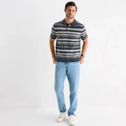mutual weave Textured Stripe Mens Short Sleeve Button Polo Sweater
