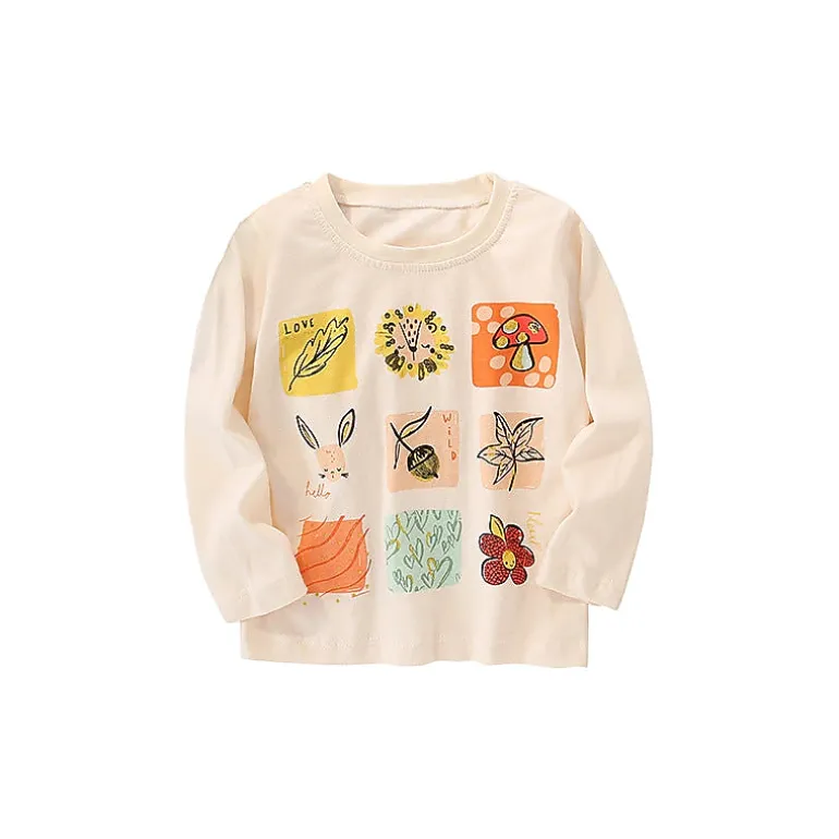 MyKids-USA Baby Floral Cartoon Long-Sleeve Shirt - Beige, Cotton-Blend Crew Neck