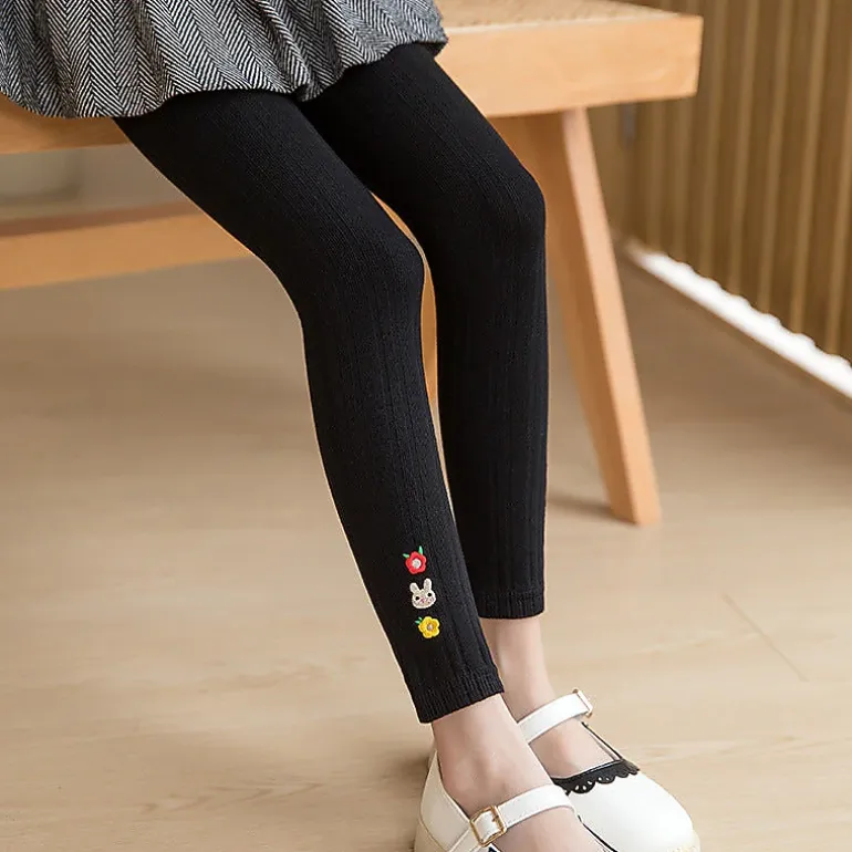 MyKids-USA Baby Girl Embroidered Floral Cotton Leggings - Solid Black, Skinny Fit, Medium
