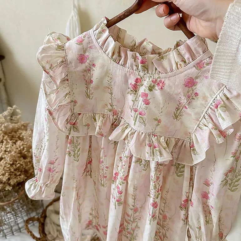 MyKids-USA French-Style Autumn Girls Floral Ruffle Long Sleeve Twirl Dress