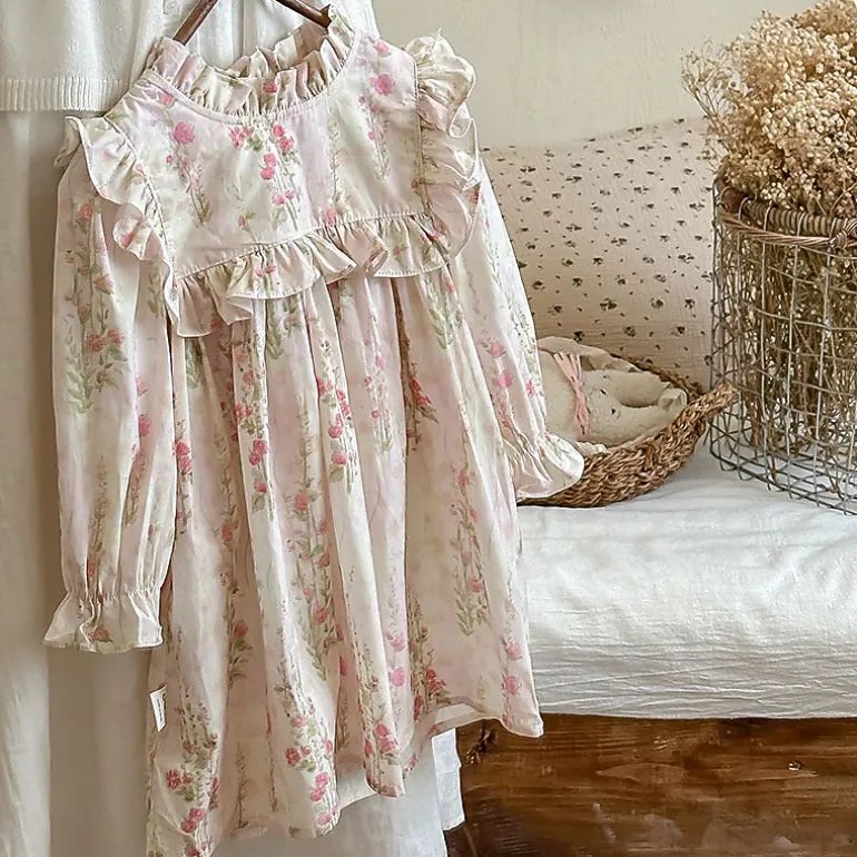 MyKids-USA French-Style Autumn Girls Floral Ruffle Long Sleeve Twirl Dress