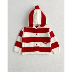 MyKids-USA Girls Striped Colorblock Patchwork Single-Breasted Knit Hoodie