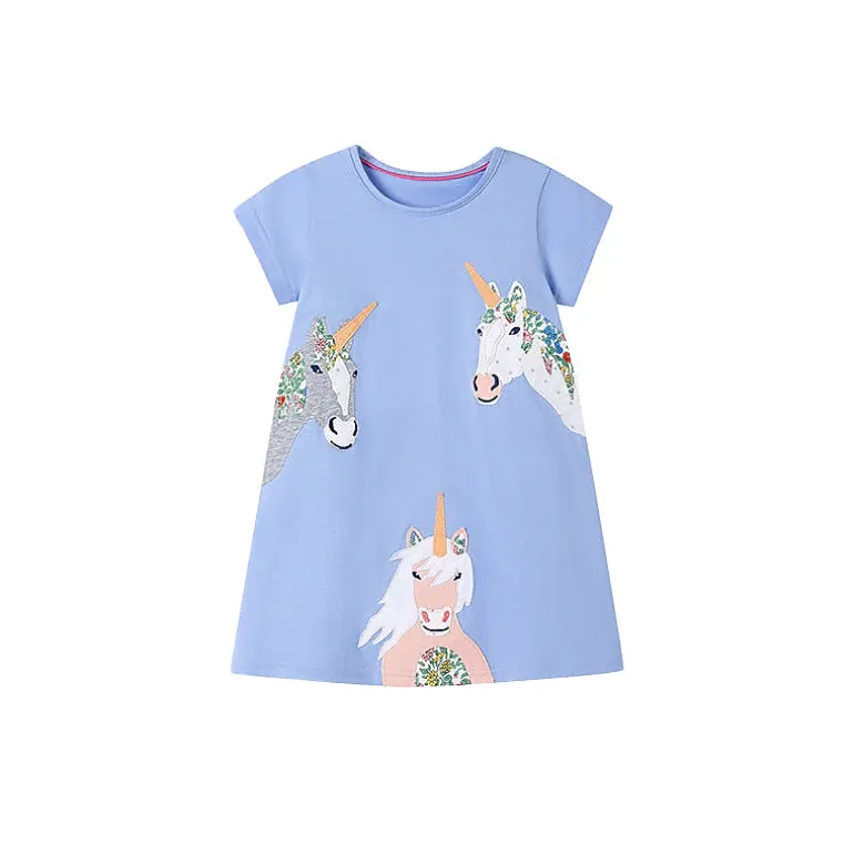 MyKids-USA Girls' Summer Unicorn Cartoon Short Sleeve Dress