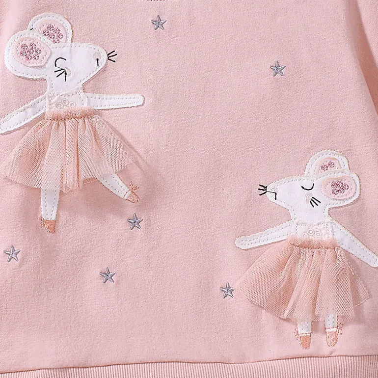 MyKids-USA Pink Tulle Dress for Girls with Dancing Mouse Print, Short Sleeves, Cotton Lining