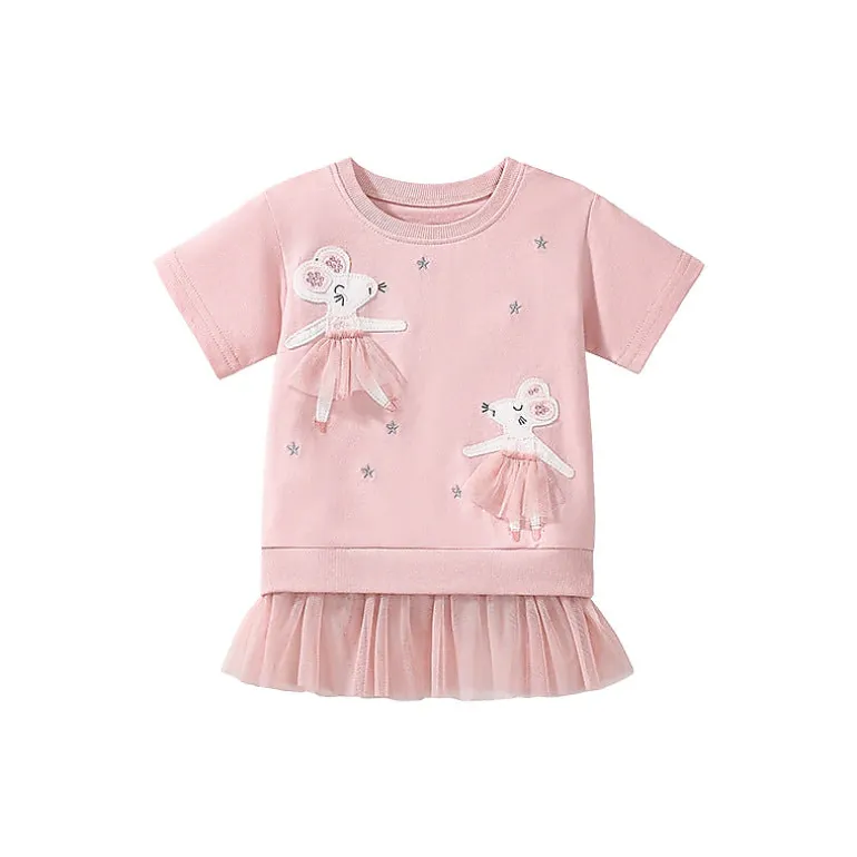 MyKids-USA Pink Tulle Dress for Girls with Dancing Mouse Print, Short Sleeves, Cotton Lining