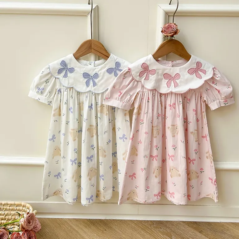 MyKids-USA Toddler Girls Summer Dress - Short Sleeves, Embroidered Collar, Floral Teddy Print - Cotton Blend