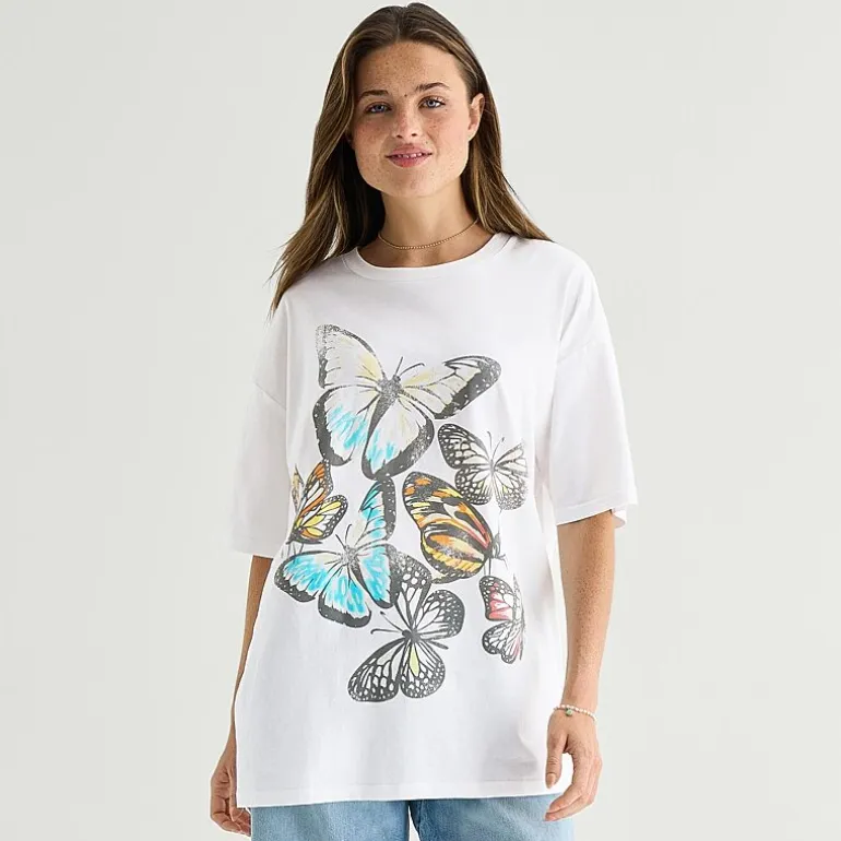 New World Butterfly Tee Womens Juniors Crew Neck Short Sleeve Oversized Graphic T-Shirt