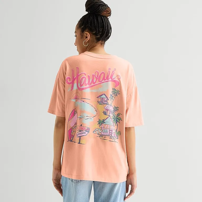 New World Hawaii Womens Juniors Crew Neck Short Sleeve Oversized Graphic T-Shirt
