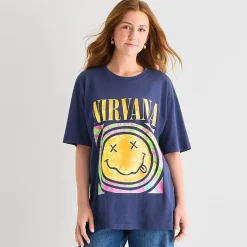 New World Nirvana Womens Juniors Crew Neck Short Sleeve Oversized Graphic T-Shirt