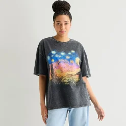 New World Starry Night Womens Juniors Crew Neck Short Sleeve Oversized Graphic T-Shirt
