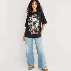 New World Womens Juniors Crew Neck Elbow Sleeve Oversized Betty Boop Graphic T-Shirt