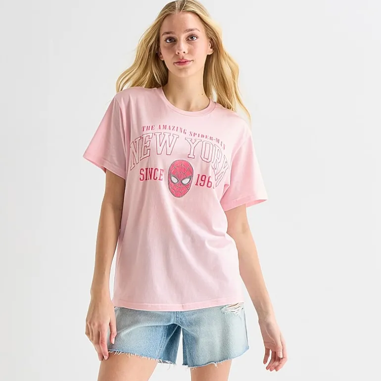 New York Boyfriend Tee Womens Juniors Crew Neck Short Sleeve Regular Fit Spiderman Graphic T-Shirt