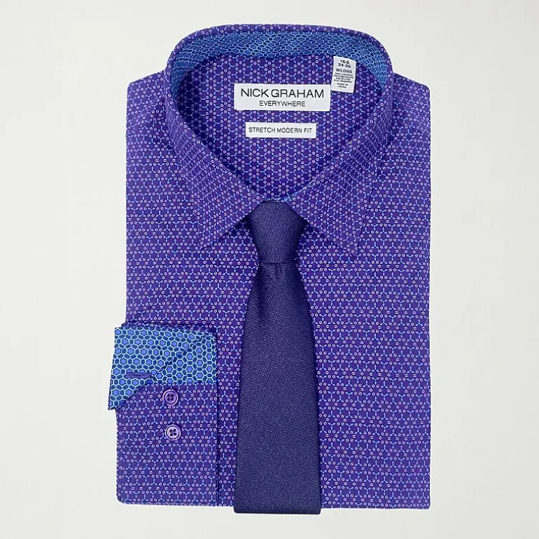 Nick Graham Mens Spread Collar Long Sleeve Shirt + Tie Set