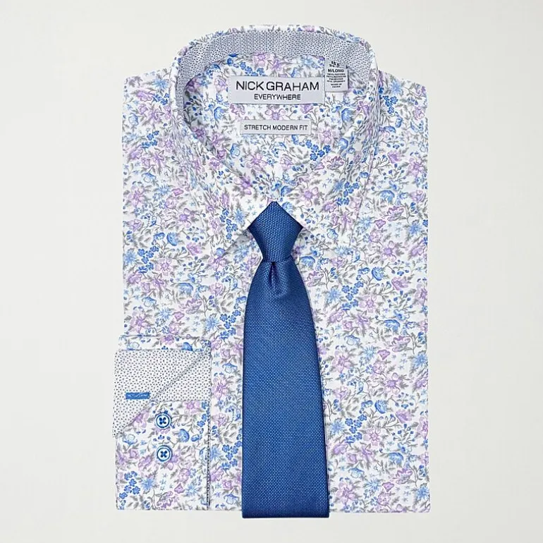 Nick Graham Mens Spread Collar Long Sleeve Stretch Fabric Shirt + Tie Set