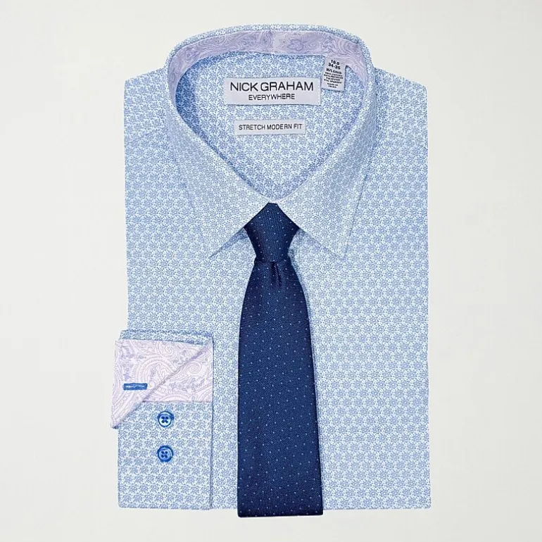 Nick Graham Mens Spread Collar Long Sleeve Stretch Fabric Shirt + Tie Set