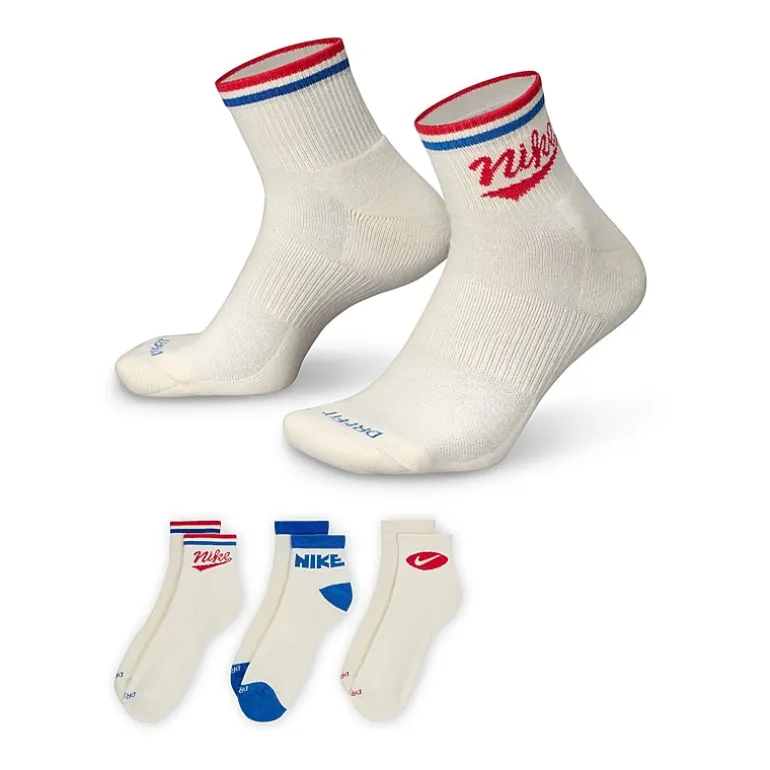 Nike Everyday Plus Throwback Unisex Adult Breathable Multi-Pack 3 Pair Quarter Ankle Socks
