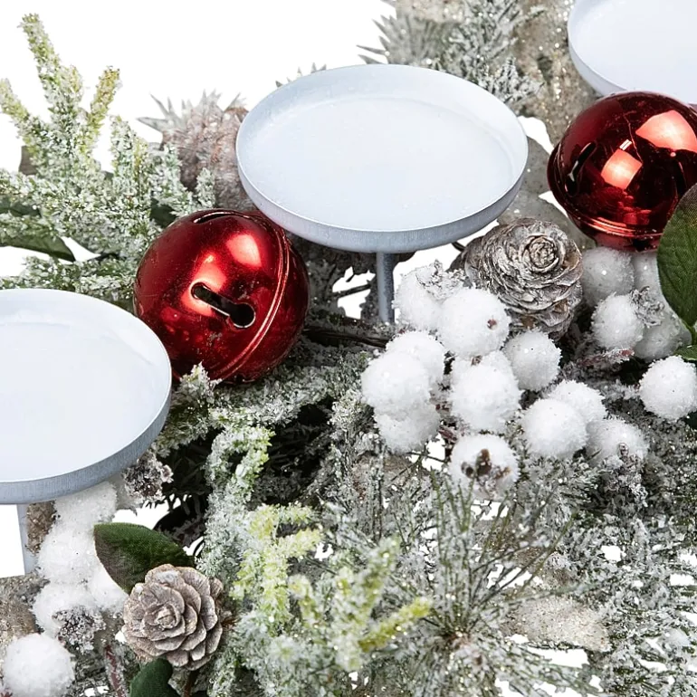 Northlight 28" Frosted Winter Greenery And Jingle Bells Pillar Candle Holder