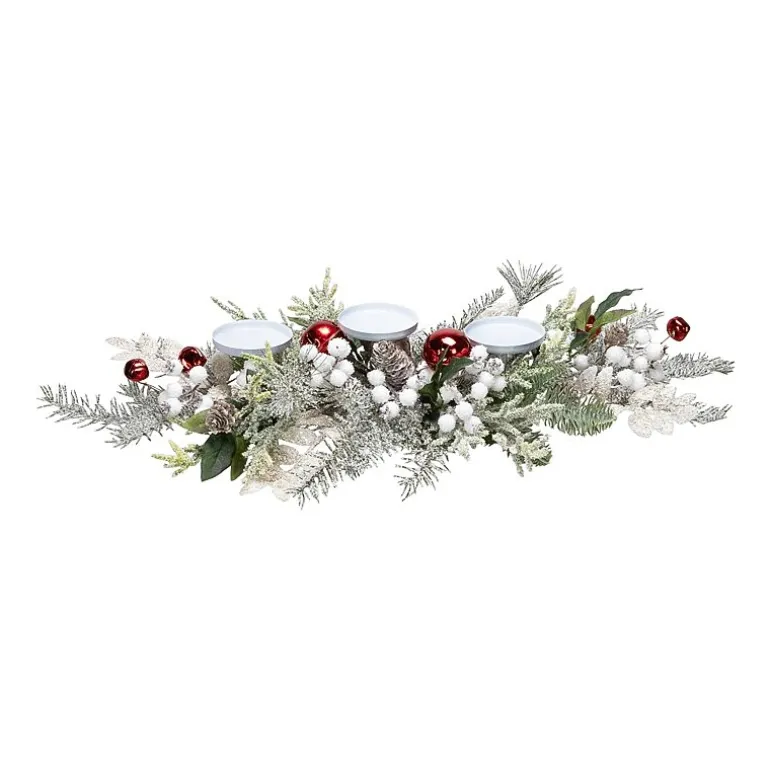 Northlight 28" Frosted Winter Greenery And Jingle Bells Pillar Candle Holder