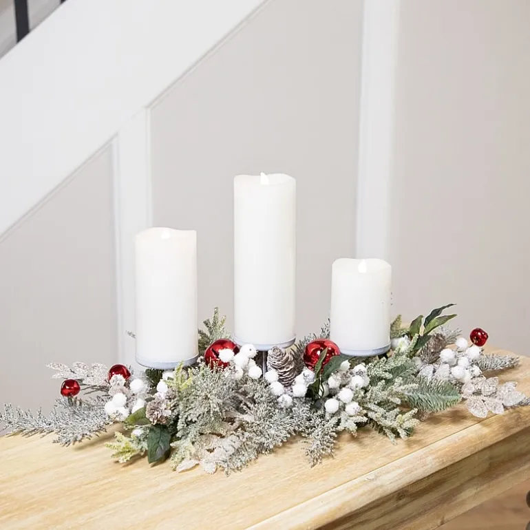 Northlight 28" Frosted Winter Greenery And Jingle Bells Pillar Candle Holder