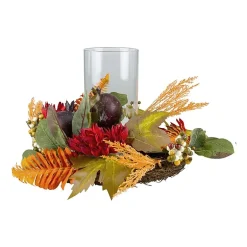 Northlight 22in Mums With Pomegranate Fall Centerpiece Candle Holder
