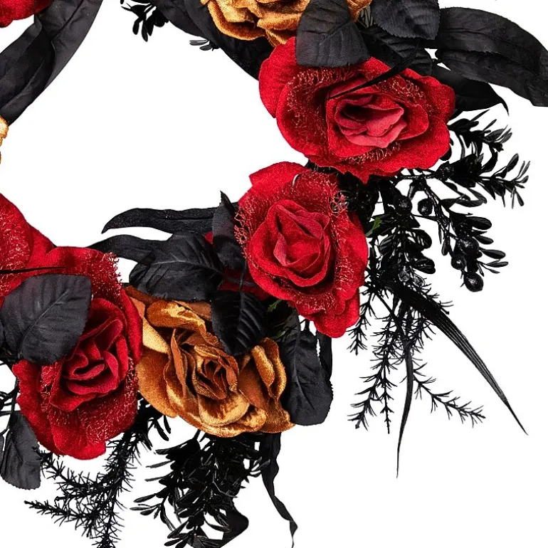 Northlight 22in Red And Gold Roses Black Foliage Wreath