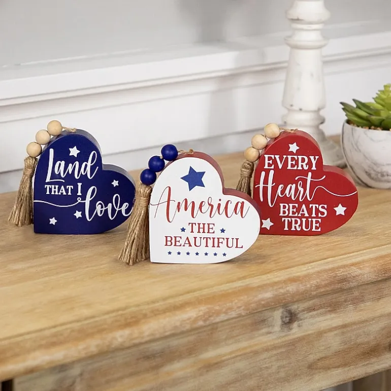 Northlight 3.75in Set Of 3 Hearts With Beaded Tassels Wooden 3-pc. Tabletop Decor