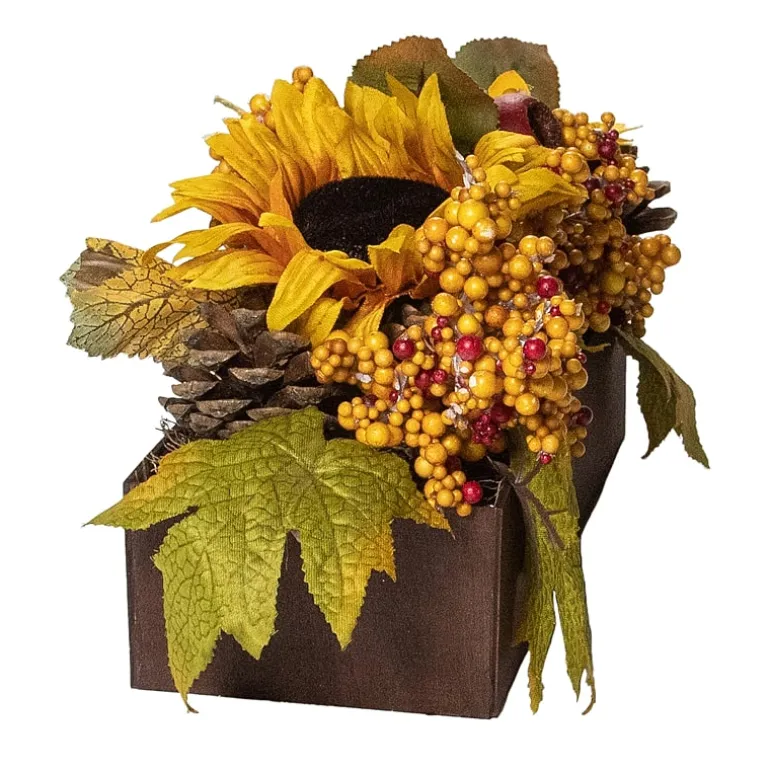 Northlight 10in Yellow And Brown Sunflowers Leaves Fall Harvest Floral Arrangement