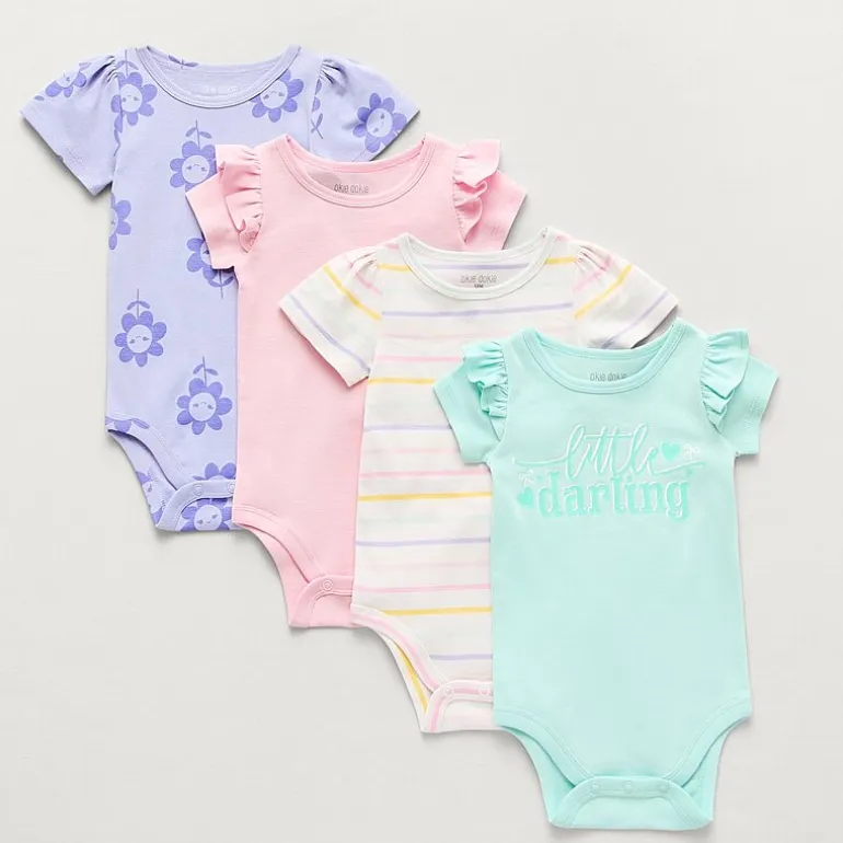 Okie Dokie Baby Girls Round Neck Short Sleeve 4-pc. Bodysuit