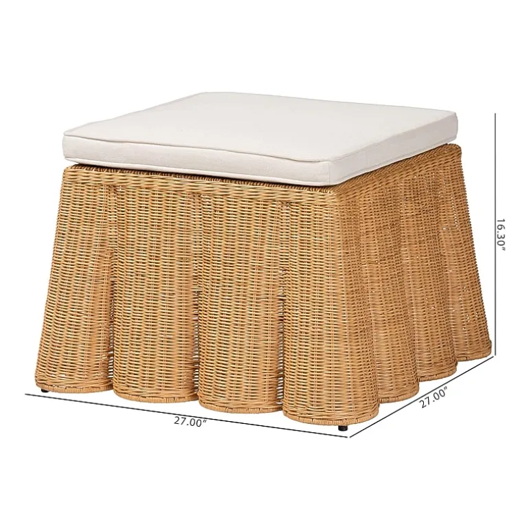Palm Scalloped Rattan Ottoman in Light Honey with Removable Cushion