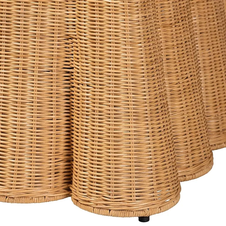 Palm Scalloped Rattan Ottoman in Light Honey with Removable Cushion