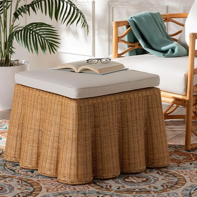 Palm Scalloped Rattan Ottoman in Light Honey with Removable Cushion