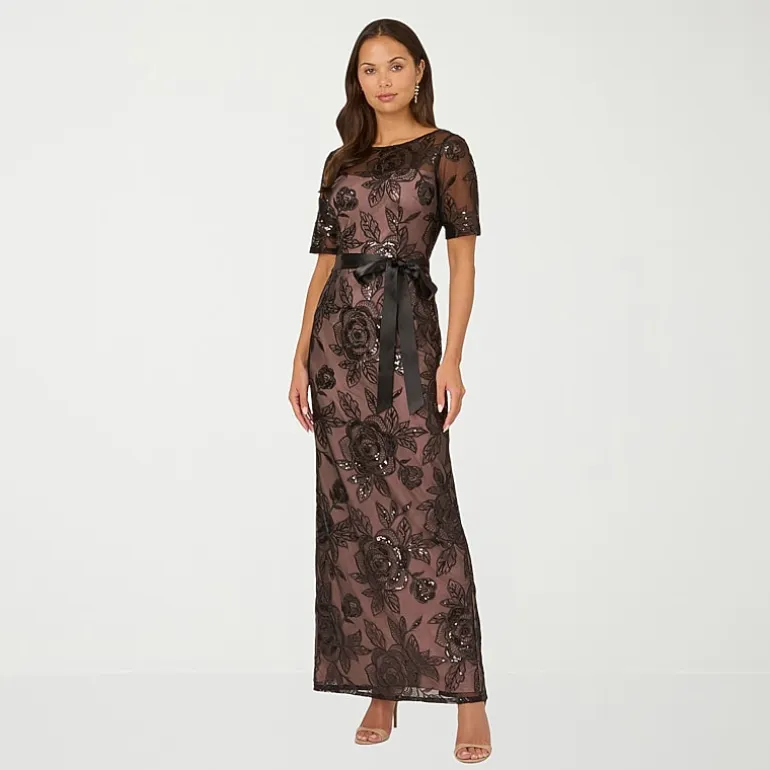 Papell Boutique Womens Boat Neck Short Sleeve Evening Gown