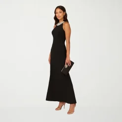 Papell Boutique Womens Halter Neck Sleeveless Embellished Evening Gown