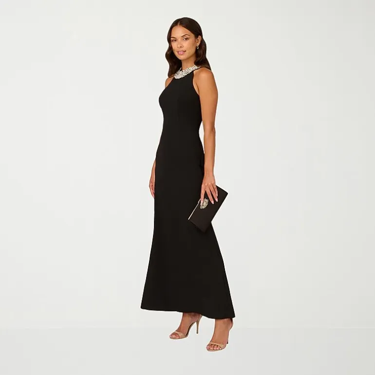 Papell Boutique Womens Halter Neck Sleeveless Embellished Evening Gown