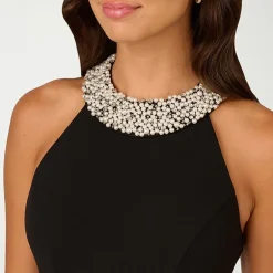 Papell Boutique Womens Halter Neck Sleeveless Embellished Evening Gown