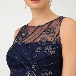Papell Boutique Womens Round Neck Sleeveless Beaded Embellished Evening Gown