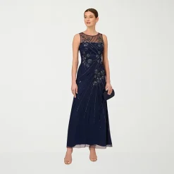 Papell Boutique Womens Round Neck Sleeveless Beaded Embellished Evening Gown