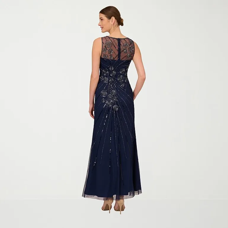 Papell Boutique Womens Round Neck Sleeveless Beaded Embellished Evening Gown