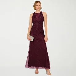 Papell Boutique Womens Round Neck Sleeveless Beaded Embellished Evening Gown