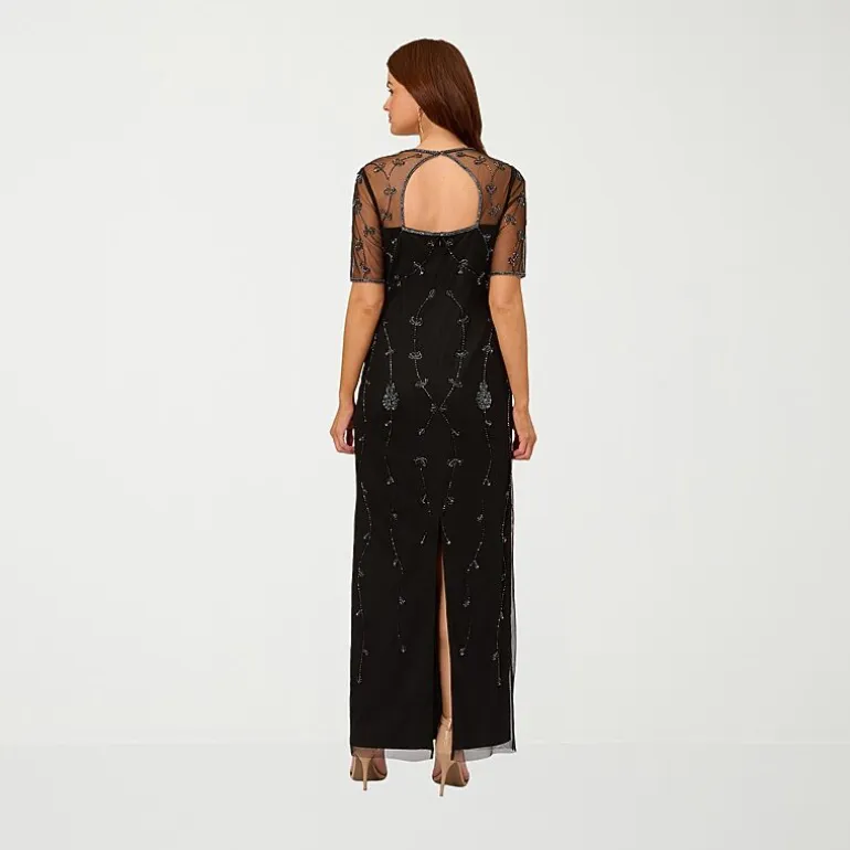 Papell Boutique Womens Square Neck 3/4 Sleeve Fitted Beaded Embellished Evening Gown