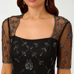Papell Boutique Womens Square Neck 3/4 Sleeve Fitted Beaded Embellished Evening Gown