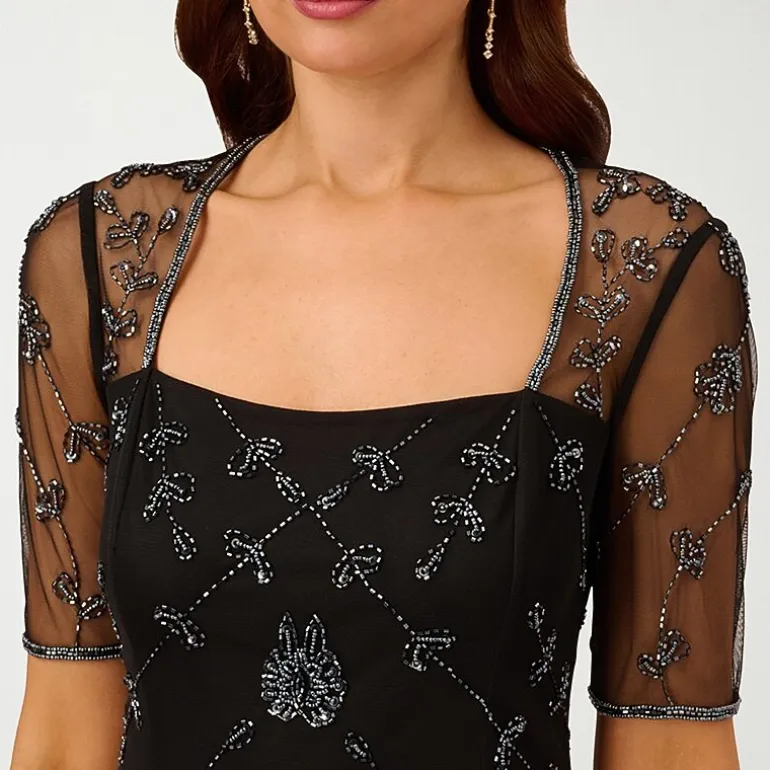 Papell Boutique Womens Square Neck 3/4 Sleeve Fitted Beaded Embellished Evening Gown