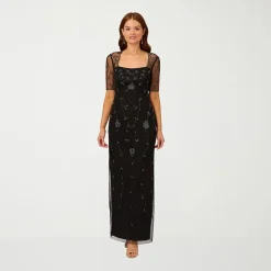 Papell Boutique Womens Square Neck 3/4 Sleeve Fitted Beaded Embellished Evening Gown