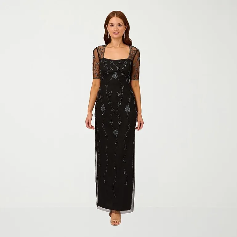 Papell Boutique Womens Square Neck 3/4 Sleeve Fitted Beaded Embellished Evening Gown