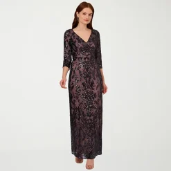 Papell Boutique Womens V Neck 3/4 Sleeve Fitted Beaded Embellished Evening Gown