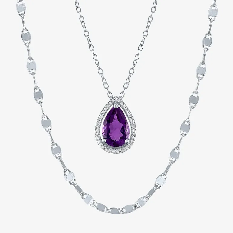 2-pc.Birthstone Necklace Set in Pure Silver Over Brass