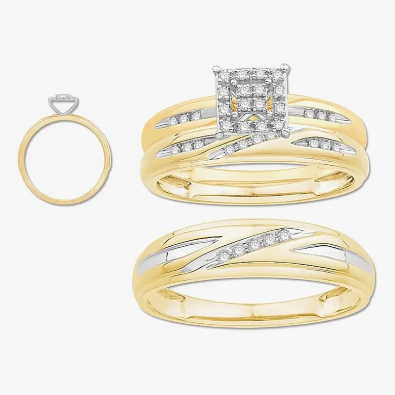 3PC Trio Set Featuring 1/7 CT.T.W. Diamond 10K or 14K Two Tone Gold Wedding Ring Set