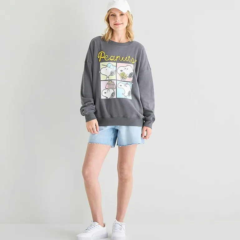 Peanuts Crew Fleece Womens Juniors Crew Neck Long Sleeve Peanuts Sweatshirt