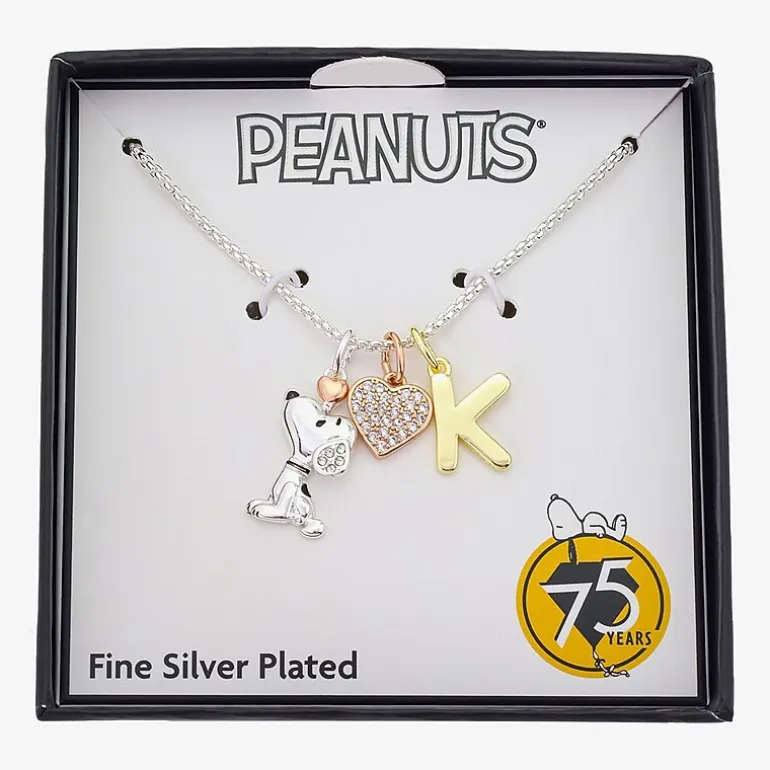 Peanuts Initial Womens Cubic Zirconia 10K Gold Over Brass Pure Silver Over Brass Heart 16 Inch Charm Pendant Necklace