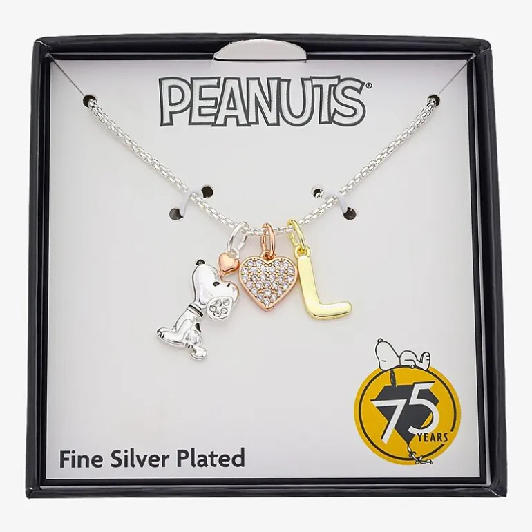 Peanuts Initial Womens Cubic Zirconia 10K Gold Over Brass Pure Silver Over Brass Heart 16 Inch Charm Pendant Necklace